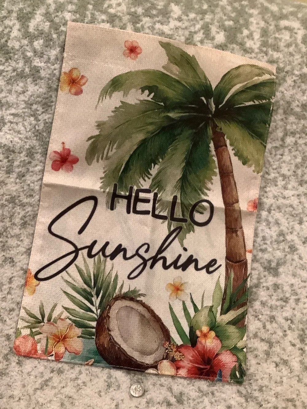 Hello Sunshine Tropical Palm Coconut Floral Small Garden Flag Burlap NWT